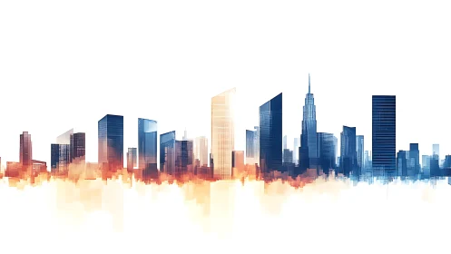 Warm urban skyline glowing with soft sunrise color tones.