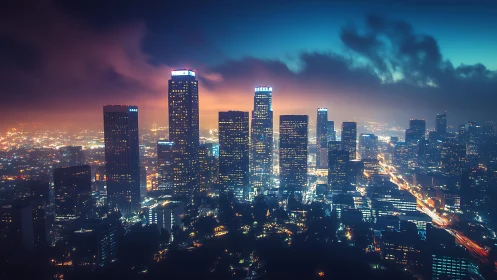 Neon-lit high-rise skyline emerges through cinematic urban haze