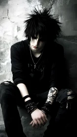 Brooding emo teen in black clothes against worn wall.