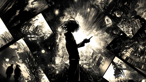 Silhouetted figure studies glowing device amid exploding panels