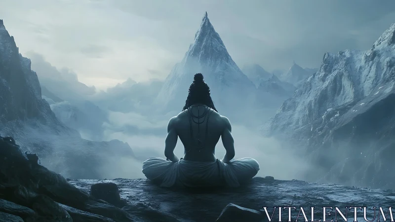 Mountain silence crowns the meditating figure in frozen light