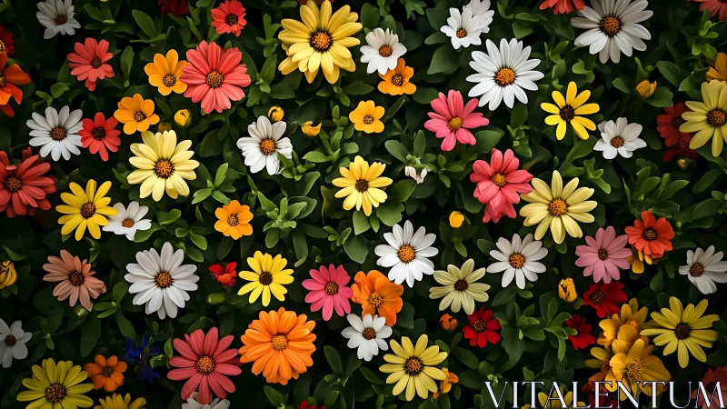 Colorful daisy flowers in vibrant garden arrangement viewed from above
