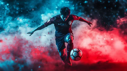 Digital render shows soccer player controlling ball in smoke