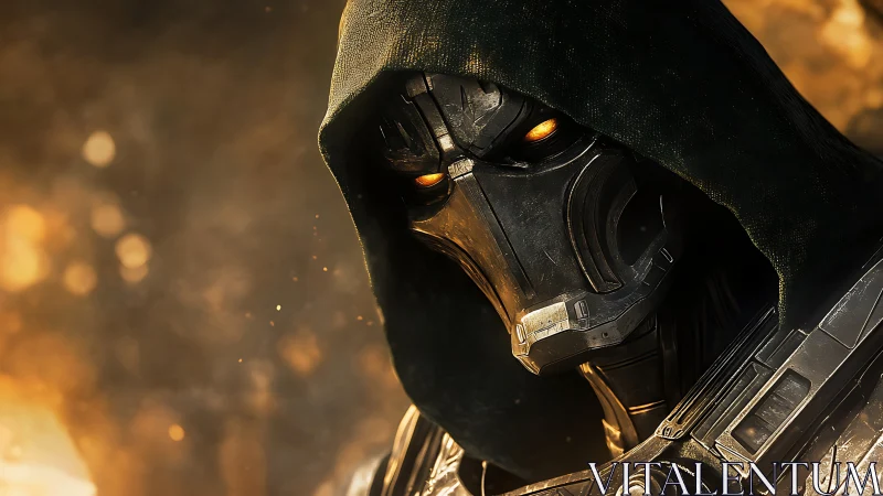 Hooded cybernetic warrior stares forward through ember haze