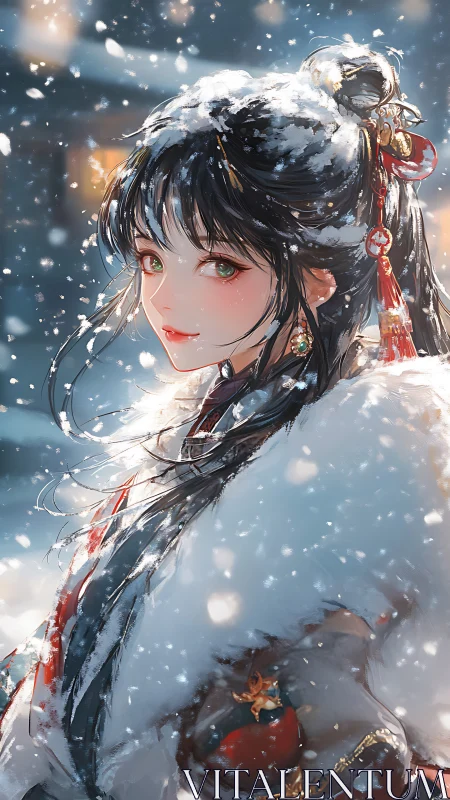 Snow-covered woman in fur cloak with red hair ornaments.