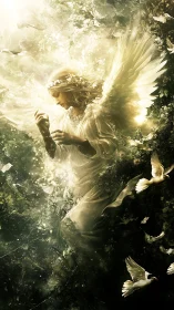 Radiant winged angel descends through luminous forest atmosphere