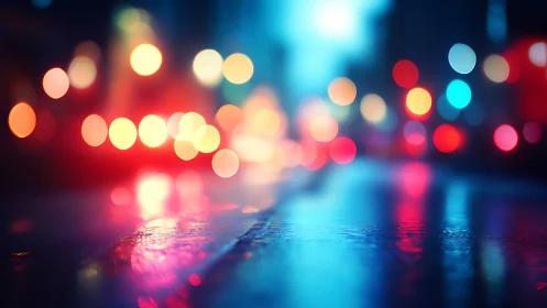Soft city night lights glowing over a rainy street.