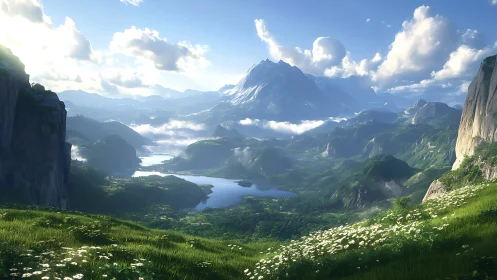 Sunlit fantasy valley opens toward misty blue mountains