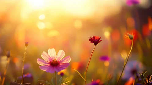 Golden Hour Garden: Cosmos Flowers in Soft Focus Light.