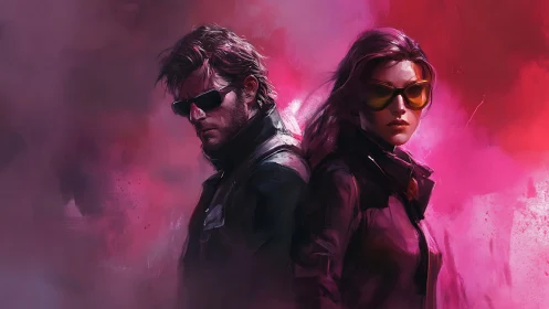 Cool-toned duo in jackets against pink smoke backdrop.