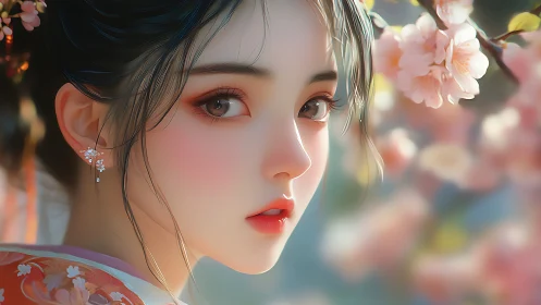 Soft-lit anime portrait with cherry blossoms in bloom.