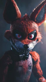 Crimson animatronic fox studies you with a glitchy midnight grin