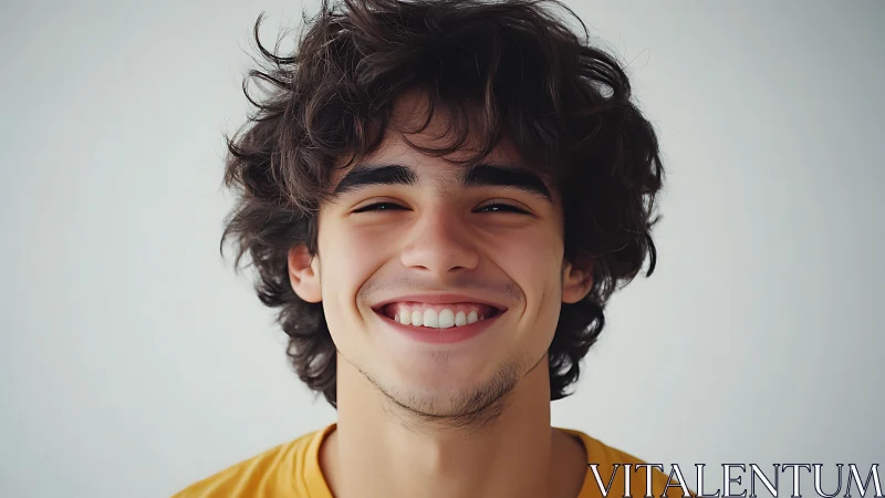 Smiling young man with tousled hair radiates pure joy.
