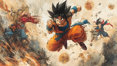 Dynamic anime warriors in midair charge with debris and orbs