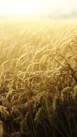 Golden rice field glows under soft backlit sunrise sky.