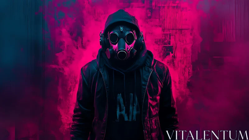 Hooded gas mask figure stands in neon pink cyberpunk haze
