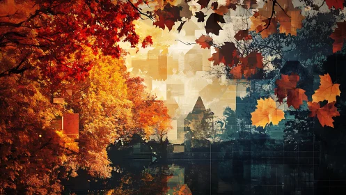 Autumnal forest matrix with architectural silhouettes composited.