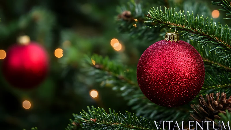 Red glitter ornament on evergreen branches with bokeh lights.