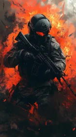 Armored rifleman advances through abstract inferno with high contrast lighting