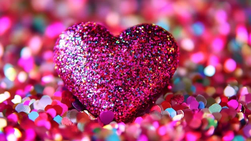 Glittering magenta heart resting in vivid bokeh confetti.