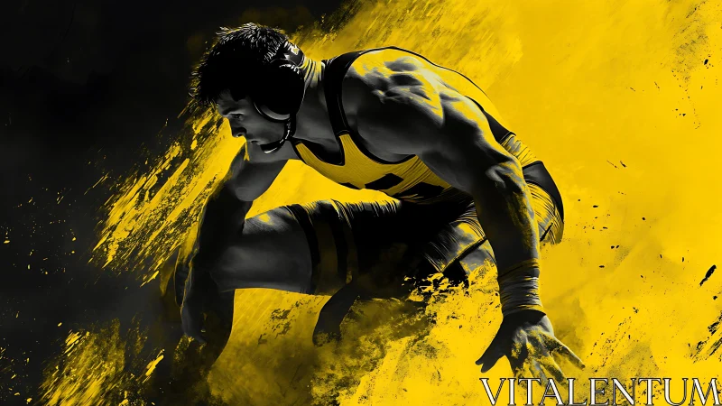 Male wrestler in crouched pose is framed by yellow splashes