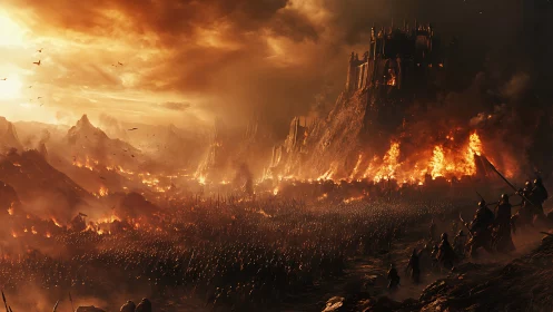 Siege of burning citadel under stormlit crimson sky.