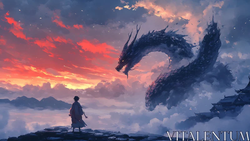 Stormlit dragon rising before lone wanderer at dusk.