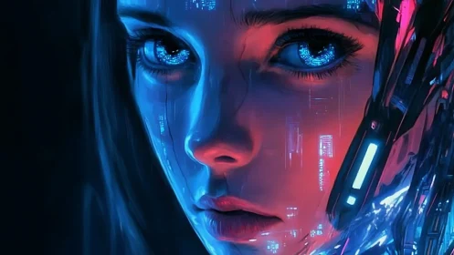 Cybernetic portrait with neon blue gaze and circuit textures.