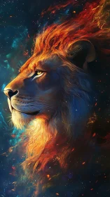 Cosmic lion profile radiates firelit mane through nebula sky