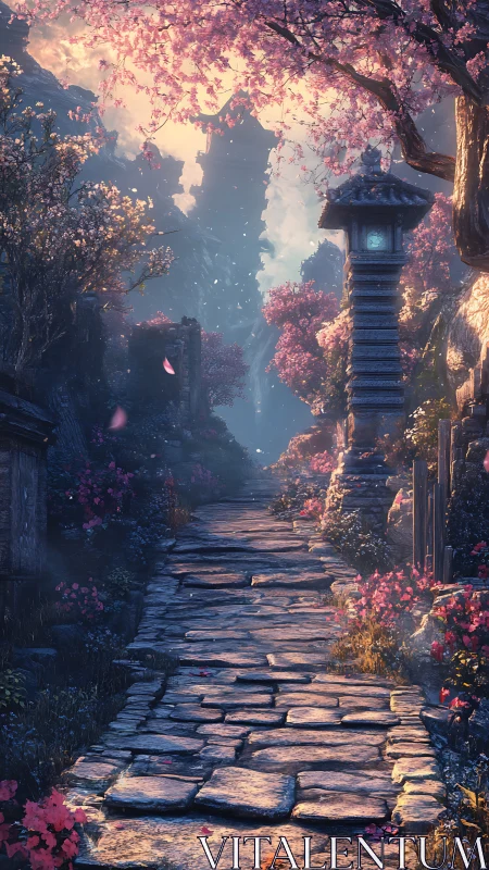 Stone path through cherry trees and lantern in soft light.