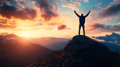 Backlit summit silhouette under volumetric sunrise skyfield.