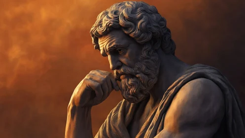 Classical philosopher bust in contemplative warm chiaroscuro.