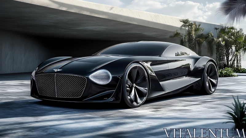 Black futuristic luxury coupe under modern concrete canopy.