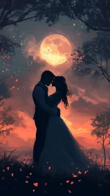 Silhouetted Couple Embracing Against Luminous Harvest Moon