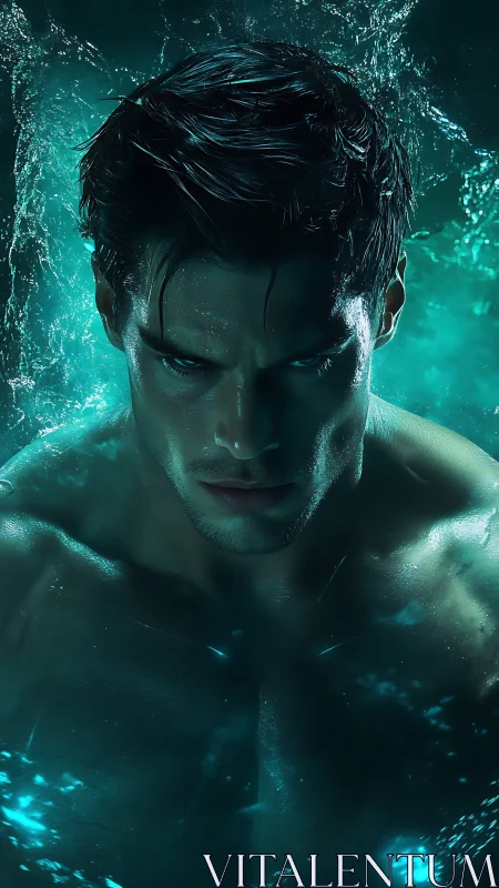 Male figure emerges from glowing teal water with fierce gaze