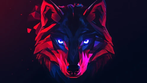 Neon polygon wolf portrait with glowing electric eyes.