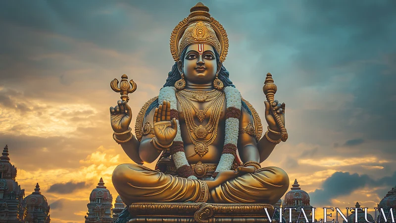 Golden temple deity at sunrise holding quiet morning light.