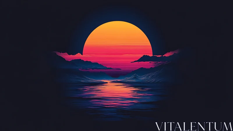 Sunset over stylized mountains is reflected across calm water