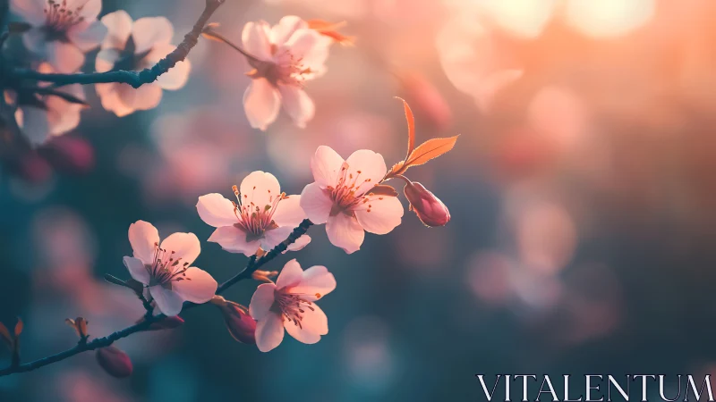 Pink cherry blossoms with selective focus on backlit branches