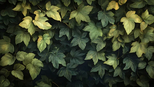 Ivy leaves form layered emerald tapestry over shadowed wall