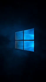 Blue glass window logo glows over dark textured background