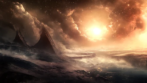 Binary star horizon over eroded alien terrain at dusk.