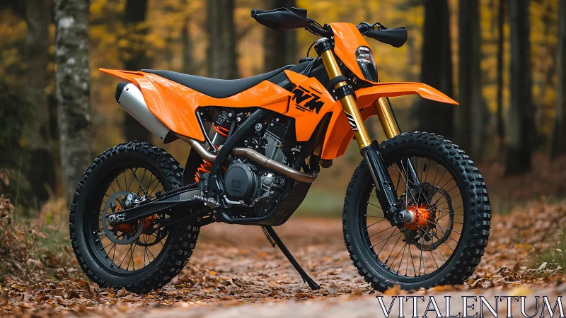 Trail-blazing orange dirt bike idles in golden forest hush.
