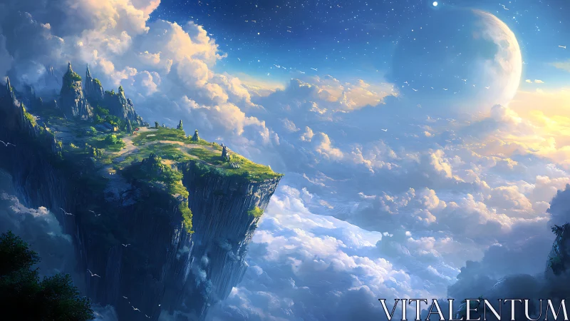 Floating Island with Castle Architecture in Cloudscape.