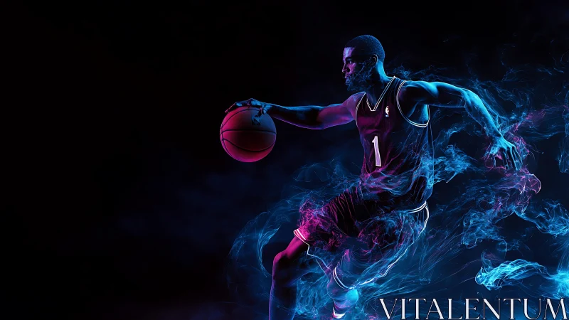 Digital rendering shows basketball player dribbling in motion