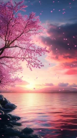 Digital painting of cherry blossom coast at radiant sunset.