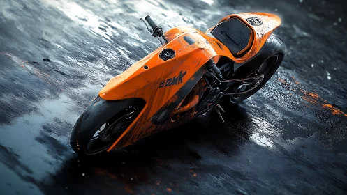 Futuristic orange racing motorcycle on wet reflective street.