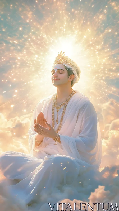 Divine robed figure meditating in radiant celestial light.