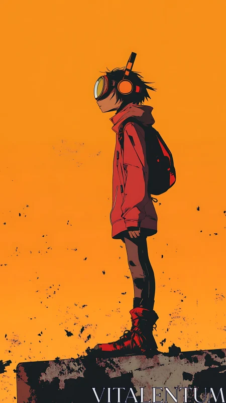 Lone headphone-wearing teen gazes upward against orange void