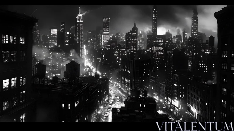 Noir urban skyline illuminated by dense high-rise grid lighting